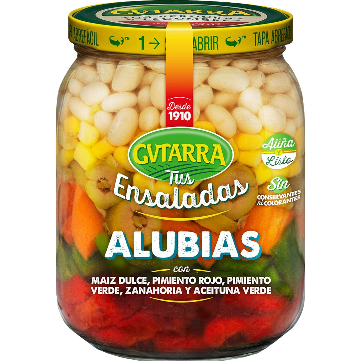 Bean salad with sweet corn, red and green peppers, carrots, and green olives GUTARRA