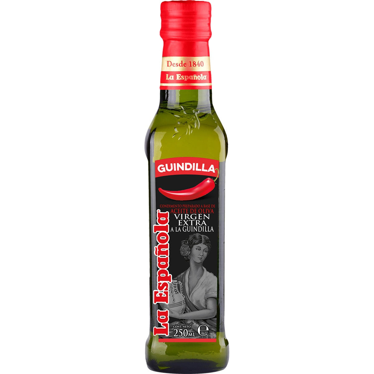 Seasoning prepared with extra virgin olive oil and chili pepper La Española