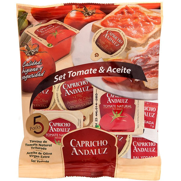 Set of 5 single-dose virgin olive oil + 5 single-dose crushed natural tomato + 5 sachets of salt Capricho Andaluz